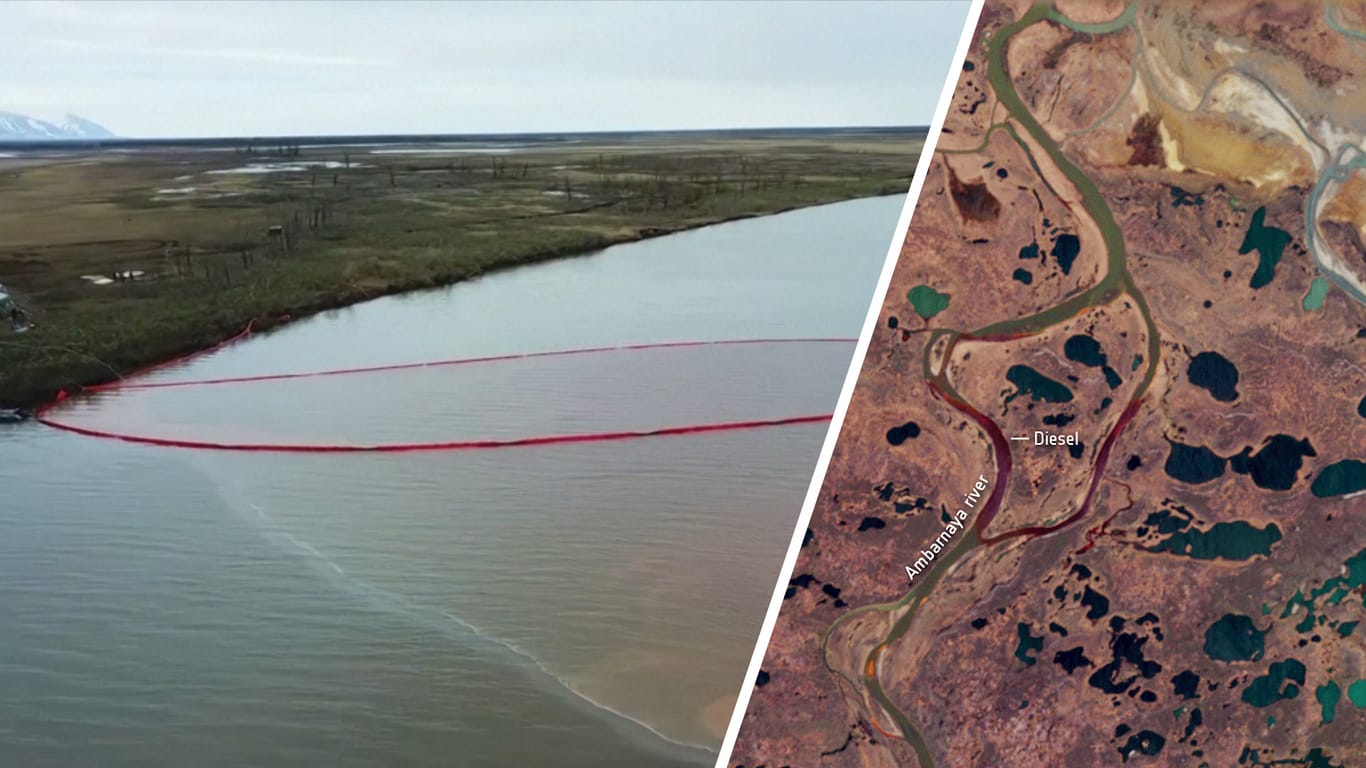 Katastrophe für die Umwelt: Die Folgen des Öllecks in Mittelsibirien sind auf Satellitenbildern sichtbar.