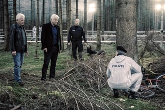 "Tatort: Lass den Mond am Himmel stehn": Die Kriminalhauptkommissare Ivo Batic (Miroslav Nemec) und Franz Leitmayr (Udo Wachtveitl) betrachten einen Fundort im Wald.