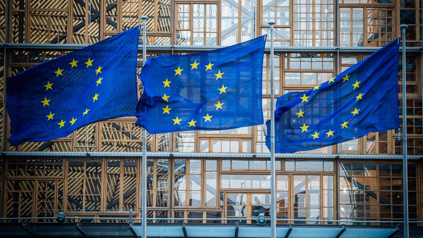 Flaggen der Europäischen Union: Die EU-Kommission fordert von den Sozialen Netzwerken mehr Engagement im Kampf gegen Fake News zur Pandemie (Symbolbild).