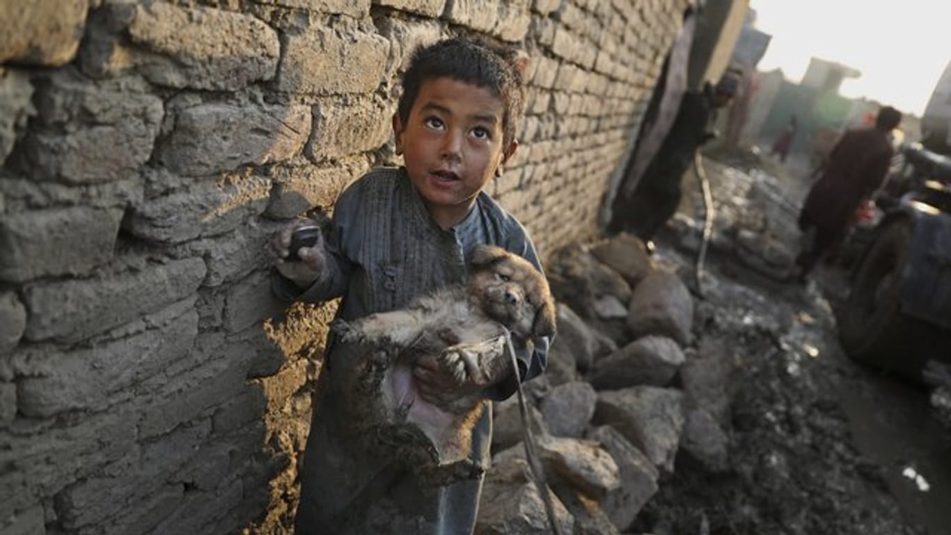 Ein kleiner Junge mit einem Welpen in einem Lager für Binnenvertriebene in Kabul.