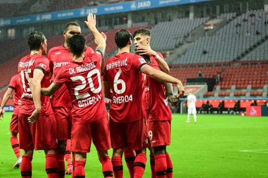Streben noch Erfolge im DFB-Pokal und der Europa League an: Leverkusens jubelnde Spieler.