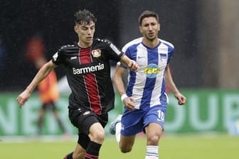Leverkusens Kai Havertz (l) im Zweikampf mit Herthas Marko Grujic.