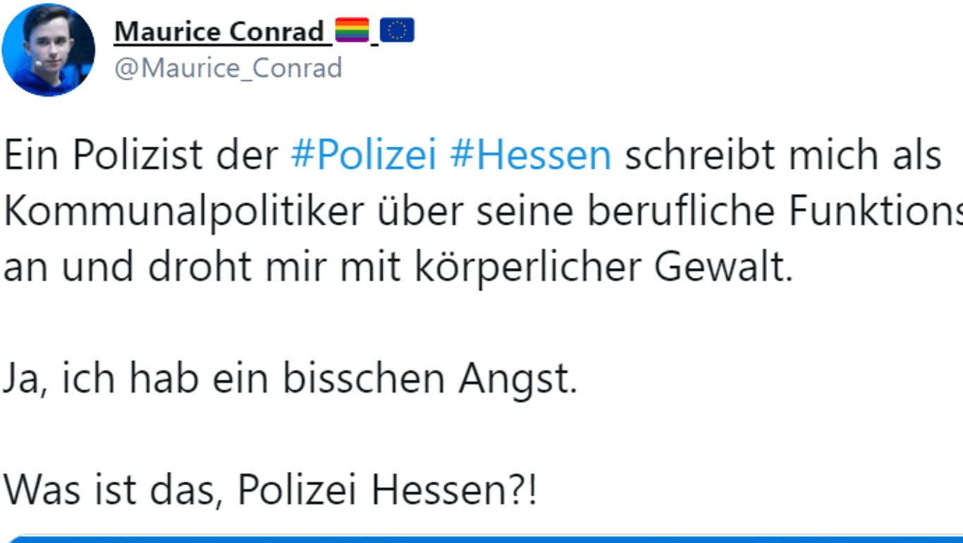 Ein Tweet des Mainzer Stadtpolitikers Maurice Conrad: Er machte auf eine mutmaßliche Bedrohung durch einen Polizisten aufmerksam.