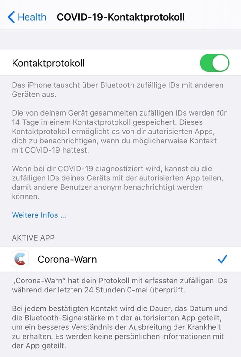 iOS-Einstellungsmenü für Covid-19-Kontaktprotokoll