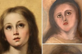 Kopie eines der Marienbildnisse des spanischen Barockmalers Bartolomé Esteban Murillo sowie die verunglückten Restaurierungsversuche (kleine Bilder rechts): Spanien lacht und schimpft über die verunstalteten Kopien.