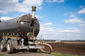 Gülleanhänger an Traktor: Mit dem großen Gerät wird normalerweise die Jauche auf den Feldern ausgebracht.