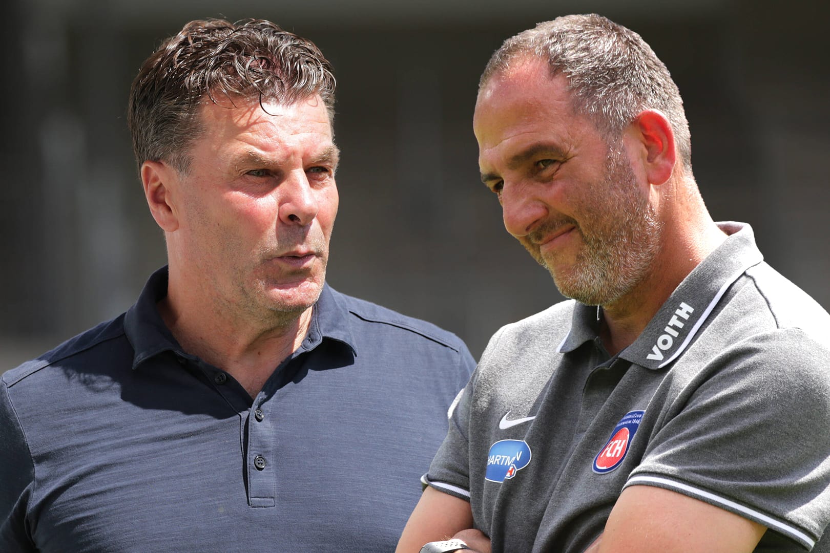 Kontraste, die im Fern-Duell aufeinander treffen: Hamburgs Trainer Hecking (l.) und Heidenheim-Coach Schmidt.