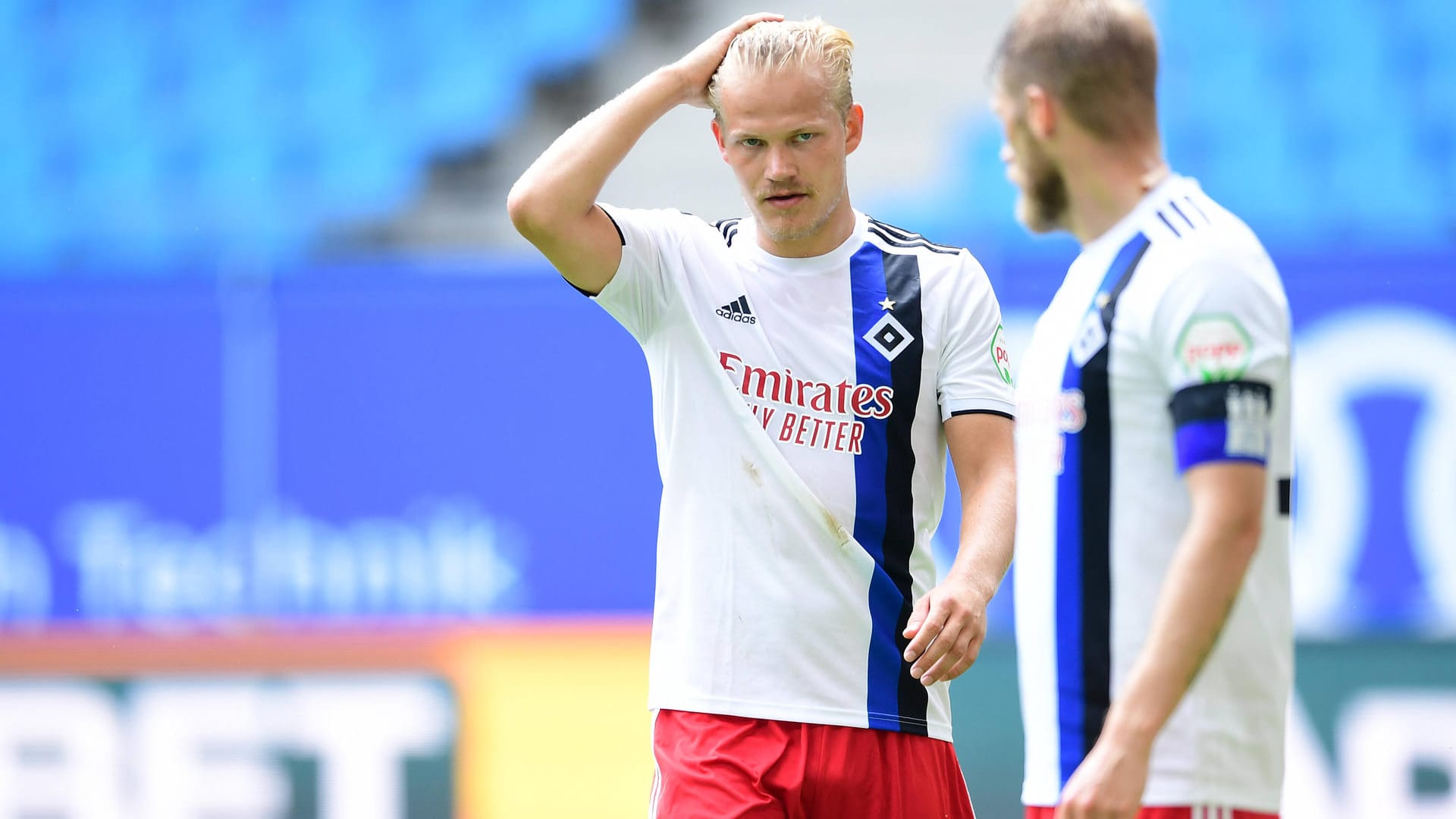 Joel Pohjanpalo (l.) kam in der Winterpause zum HSV und überzeugte mit neun Toren in 14 Spielen. Er ist einer von fünf Leihspielern, die den Klub zum Saisonwechsel verlassen werden.