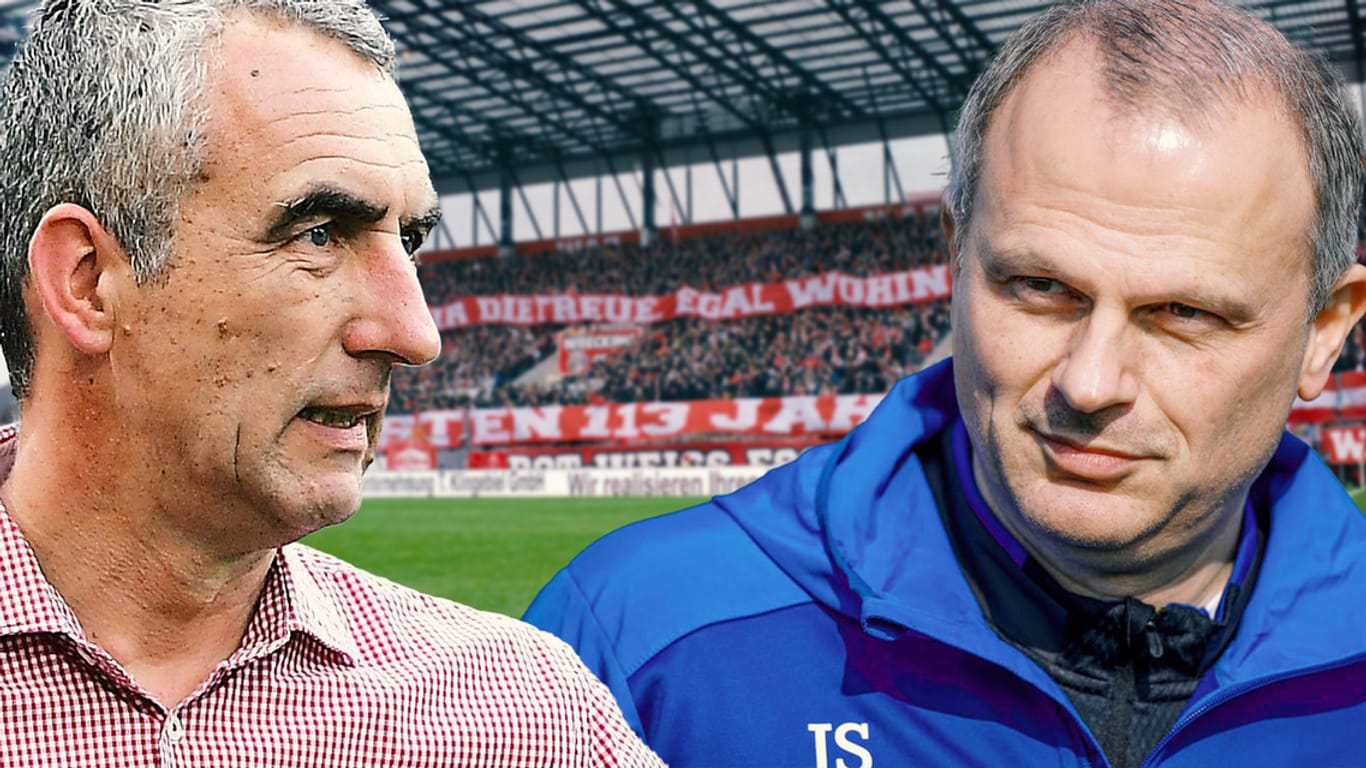 Marcus Uhlig (li.): Der Vorstand von Rot-Weiß Essen mahnt, dass nicht nur Schalke 04 mit Sportvorstand Jochen Schneider (re.) Hilfe benötigt.
