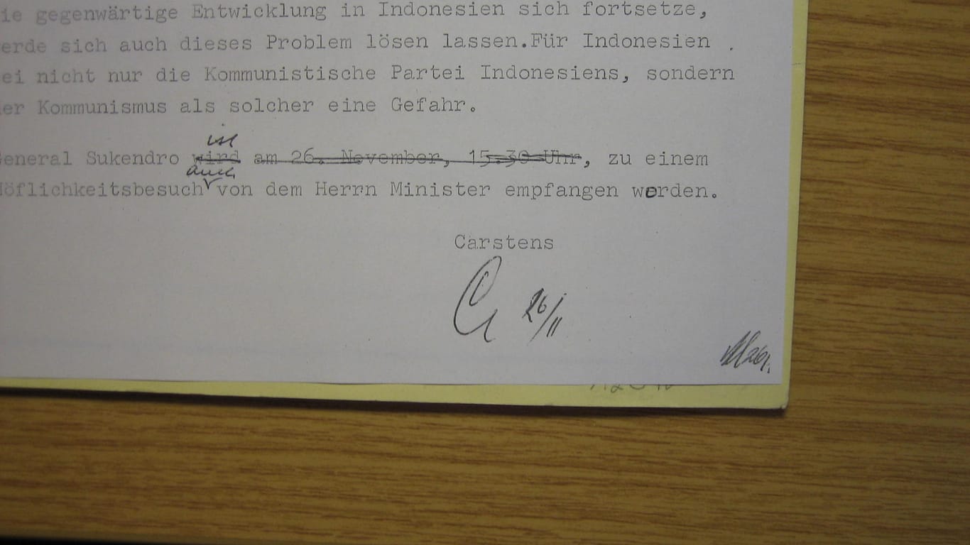 Memo über das Treffen mit Sukendro: Auch der "Herr Minister" habe den General empfangen, hält Carstens fest.