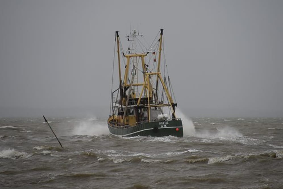 Ein Fischkutter fährt vor Dagebüll über die sturmgepeitschte Nordsee.