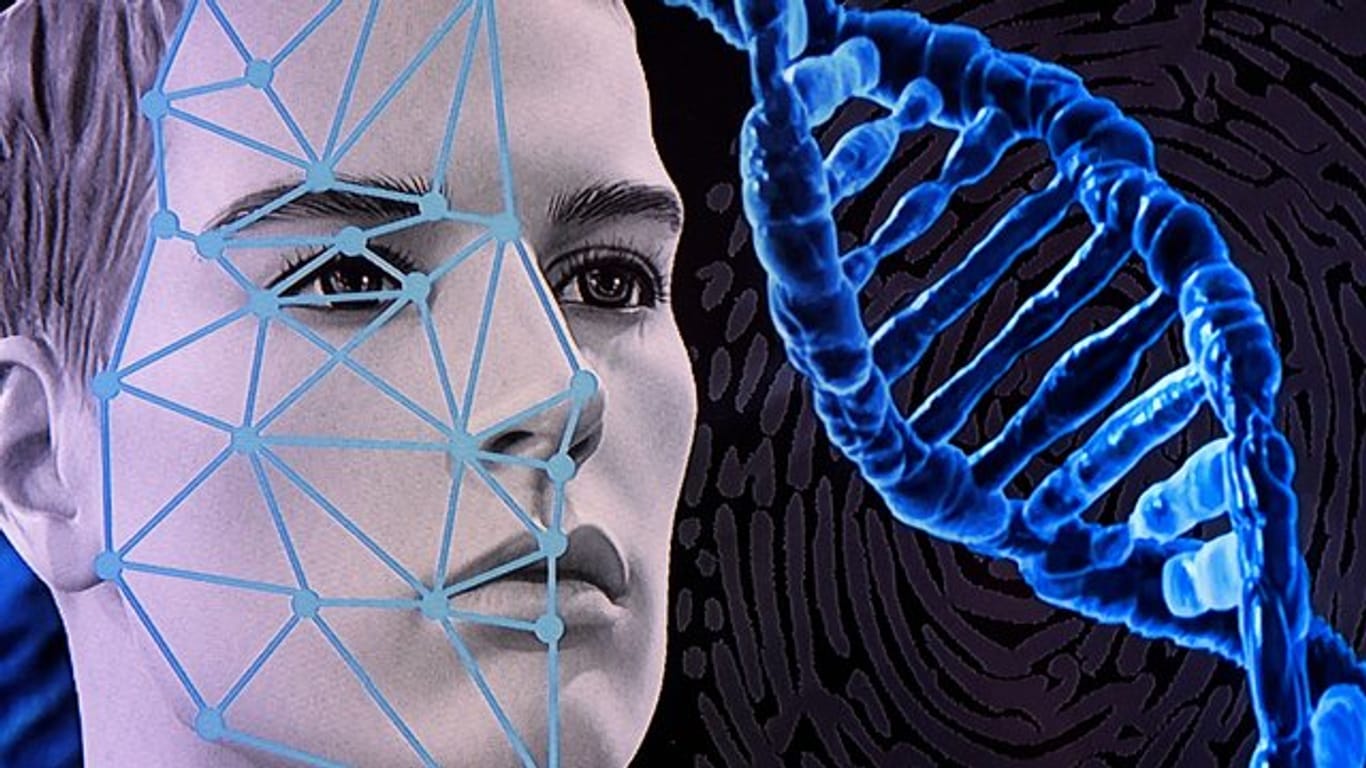 Eine Computergrafik zum Thema Gesichtserkennung (l), eine Darstellung einer DNA-Doppelhelix (M) und ein symbolischer Fingerabdruck (im Hintergrund) sind auf einem Monitor am bayerischen Landeskriminalamt zu sehen.