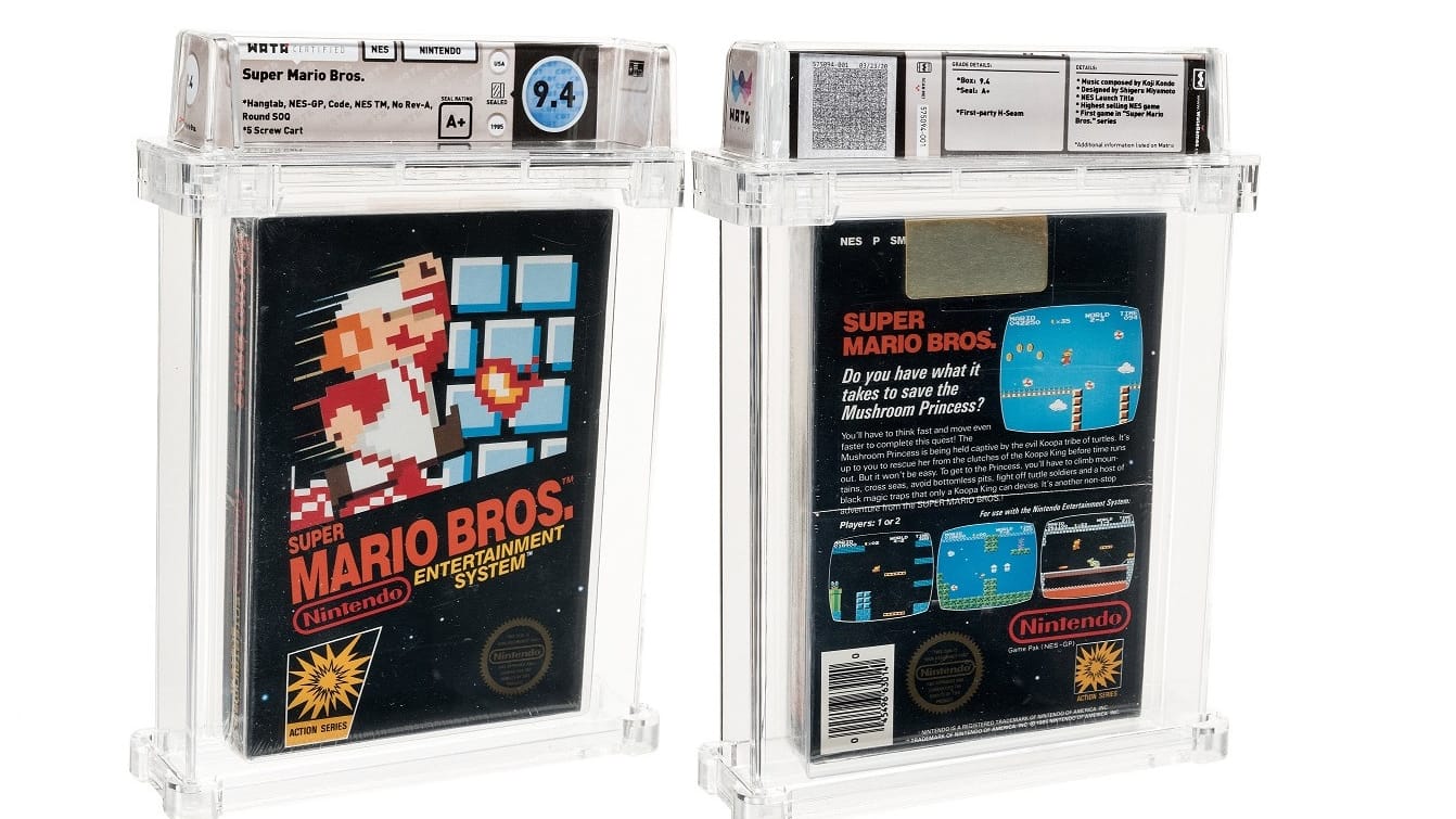 Die Vor- und Rückseite des original verpackten "Super Mario Bros." aus dem Jahr 1985. Das Spiel aus dem Jahr 1985 ist bei einer Auktion in den USA für die Rekordsumme von 114.000 Dollar versteigert worden.