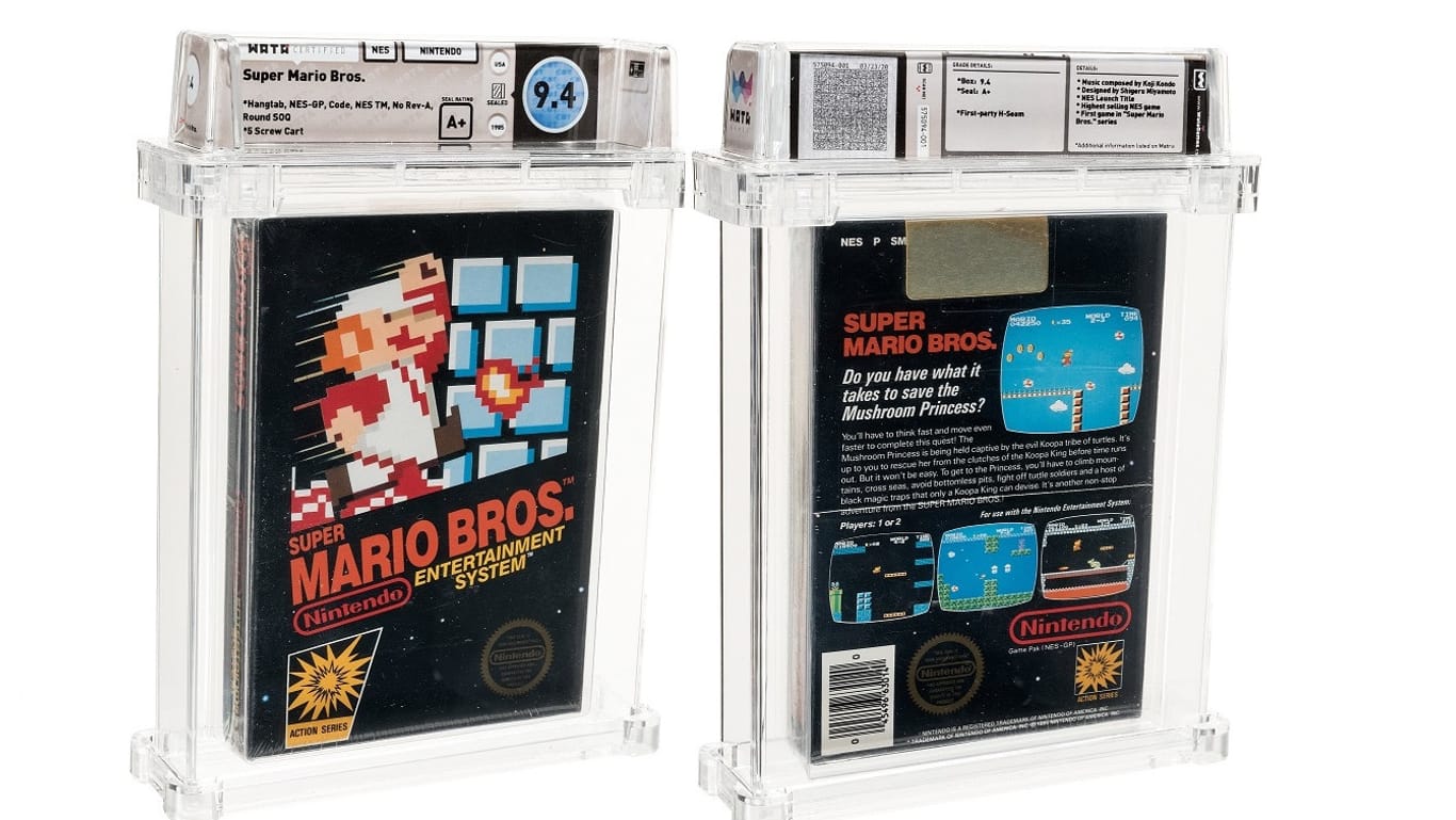 Die Vor- und Rückseite des original verpackten "Super Mario Bros." aus dem Jahr 1985. Das Spiel aus dem Jahr 1985 ist bei einer Auktion in den USA für die Rekordsumme von 114.000 Dollar versteigert worden.