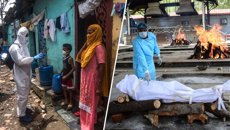 Indien: Die Zahl der mit dem Coronavirus Infizierten erreicht tägliche Höchststände – Personen in Schutzausrüstung gehen in die Slums zur Aufklärung, selbst die Totenrituale müssen geändert werden.