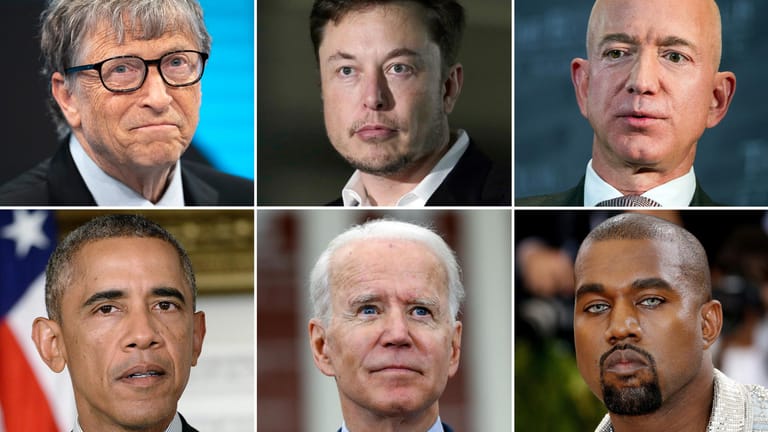 Bill Gates, Elon Musk, Jeff Bezos, Barack Obama, Joe Biden und Kanye West (von links oben nach rechts unten): Sie alle waren von dem Twitter-Hack betroffen.