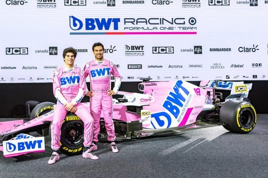 Sergio Perez (r) und Lance Stroll bei der Vorstellung des Rennwagens für die Saison 2020.