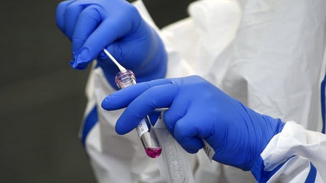 Eine Helferin steckt einen Tupfer mit dem Rachenabstrich eines Patienten in ein Röhrchen. Eine Helferin steckt einen Tupfer mit dem Rachenabstrich eines Patienten in ein Röhrchen.