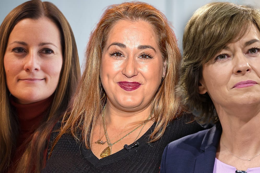 Janine Wissler (l.), Idil Baydar (m.) und Maybrit Illner: Die drei Frauen sind alle vor kurzer Zeit zu Opfern von rechtsextremen Drohbriefen geworden.