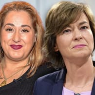 Janine Wissler (l.), Idil Baydar (m.) und Maybrit Illner: Die drei Frauen sind alle vor kurzer Zeit zu Opfern von rechtsextremen Drohbriefen geworden.