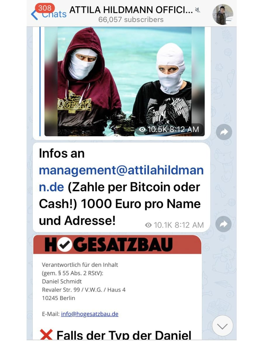 1.000 Euro Belohnung: Hildmann lobt eine Kopfgeld-Prämie für Hinweise zur Identität der "Hooligans gegen Satzbau" aus – und bekam die Hinweise von den "Hooligans" selbst.
