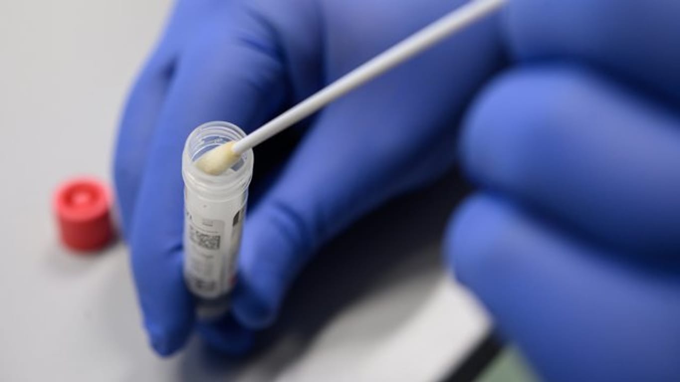 Ein Mann zeigt einen Abstrich für das Testverfahren auf das Virus SARS-CoV-2: In Kiel sind mehrere Personen positiv getestet worden.