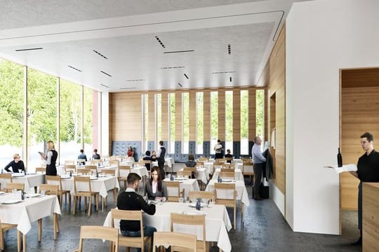 Die Visualisierung zeigt das künftige Restaurant des rheinland-pfälzischen Landtags: Einen Betreiber für das Lokal gibt es noch nicht.