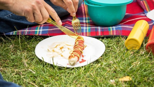 Schnell landet beim Grillen ein Stück Wurst oder Ketchup auf der Picknickdecke - die Flecken sollte man mit kaltem Wasser behandeln.