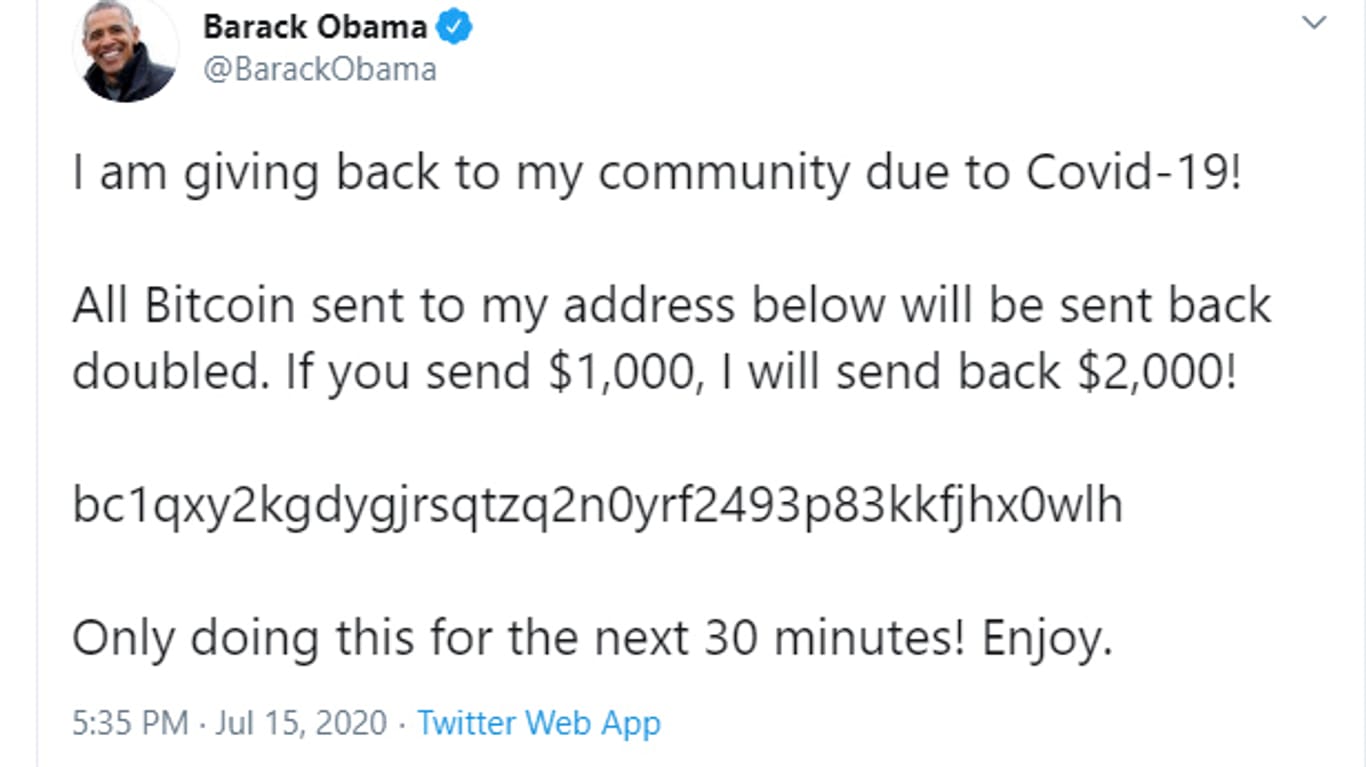 Die Aufnahme zeigt einen betrügerischen Tweet, der nach einer Hacker-Attacke an die Follower von Ex-Präsident Barack Obama verschickt wurde.