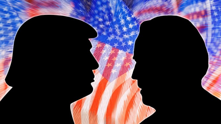 Donald J. Trump und Joe Biden vor einer US-Flagge (Fotomontage): Die Präsidentschaftswahl in den Vereinigten Staaten 2020 findet im November statt.