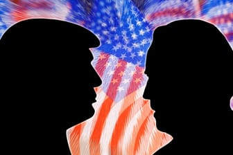 Donald J. Trump und Joe Biden vor einer US-Flagge (Fotomontage): Die Präsidentschaftswahl in den Vereinigten Staaten 2020 findet im November statt.