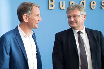 Björn Höcke (l.) und Jörg Meuthen: Die beiden AfD-Politiker sind aktuell nicht gut aufeinander zu sprechen.