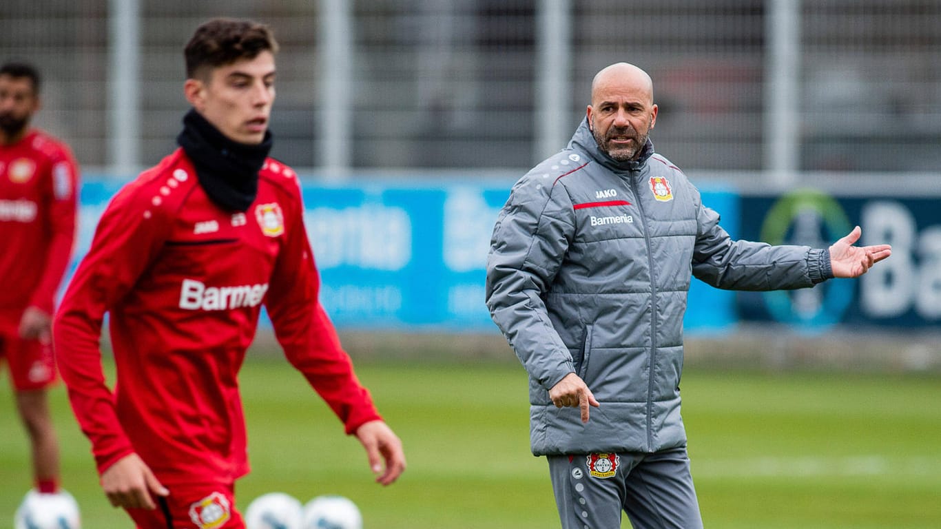 Peter Bosz im Training mit Kai Havertz (v.r.): Der Leverkusener Trainer weiß über die Pläne seines Top-Talents Bescheid.