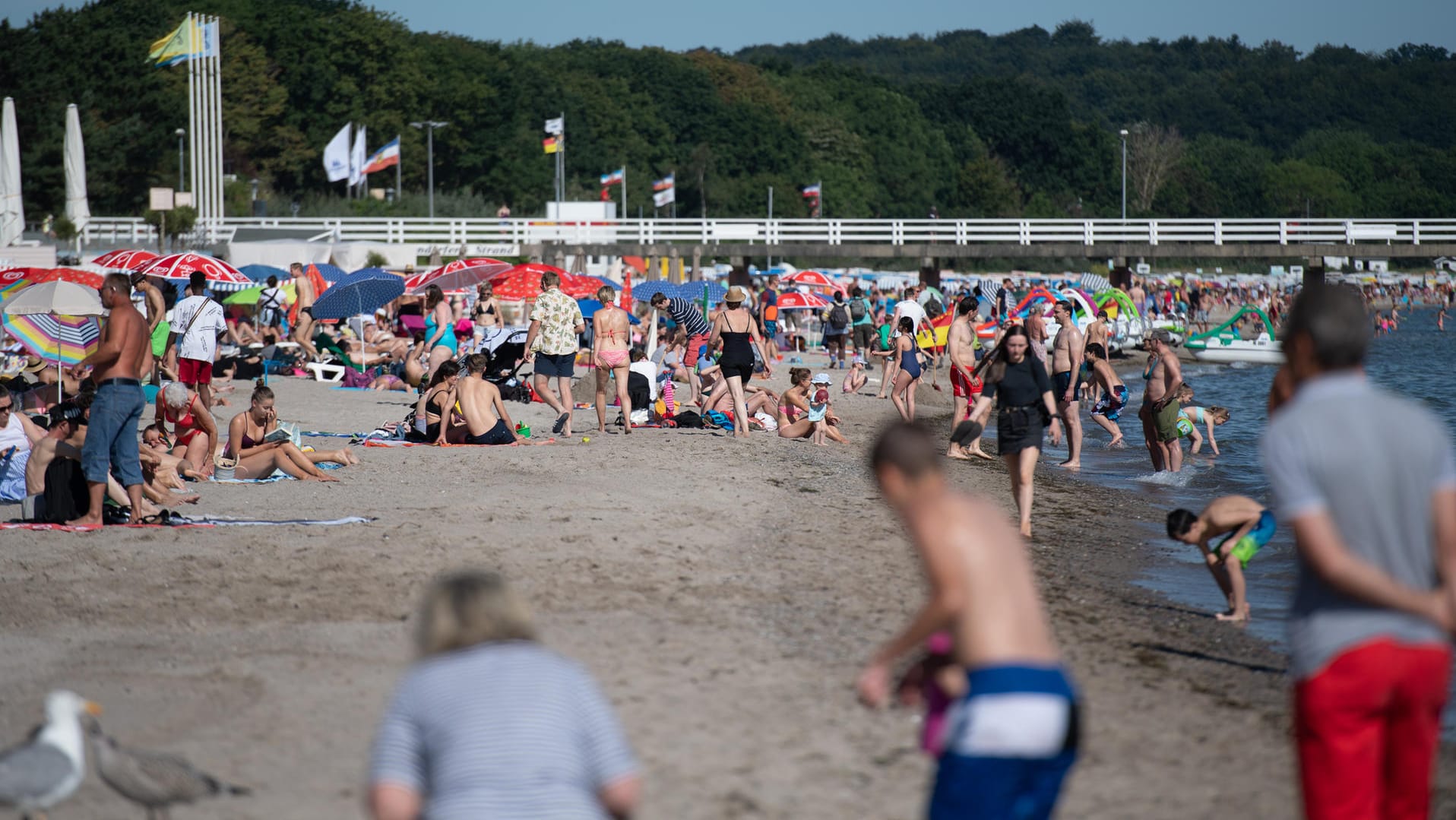 Timmendorfer Strand: Zahlreiche Menschen sind schon in den Morgenstunden am Ostseestrand unterwegs.