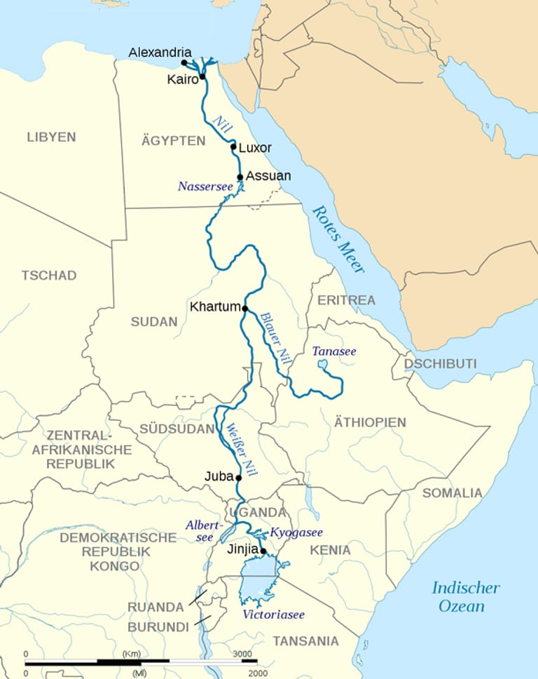 Überblick über den Verlauf des Nils: Der umstrittene Damm befindet sich am Blauen Nil an der äthiopisch-sudanesischen Grenze.