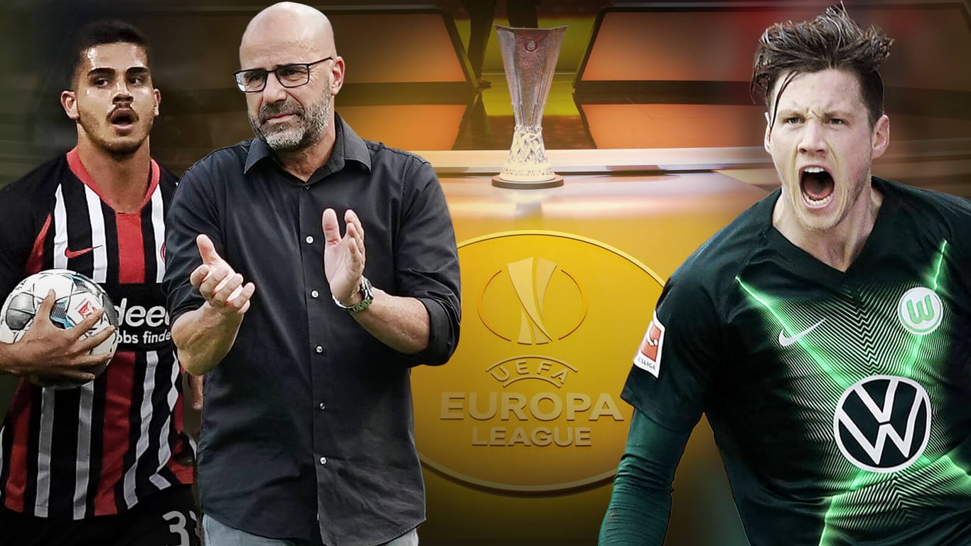 Nach fast einem halben Jahr Corona-Pause wieder in der Europa League gefordert: Frankfurts Andre Silva (l.), Leverkusens Peter Bosz (M.) und Wolfsburgs Wout Weghorst.