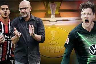 Nach fast einem halben Jahr Corona-Pause wieder in der Europa League gefordert: Frankfurts Andre Silva (l.), Leverkusens Peter Bosz (M.) und Wolfsburgs Wout Weghorst.