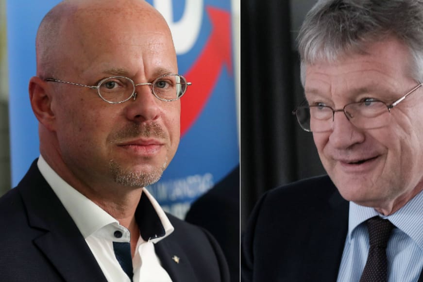 Andreas Kalbitz (l.) und Parteichef Jörg Meuthen: Der Streit zwischen dem ausgeschlossenen Politiker und der AfD-Spitze geht weiter.