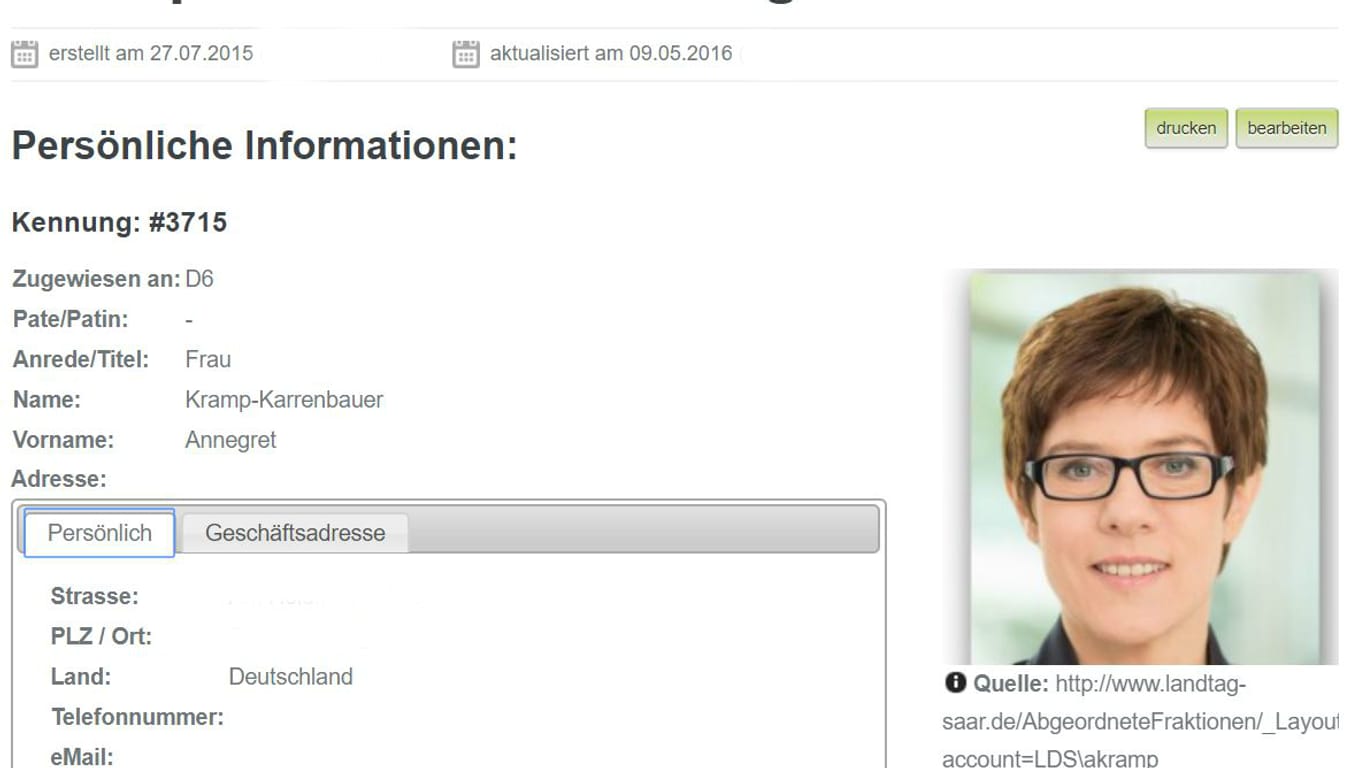 Datenbankeintrag über die CDU-Vorsitzende Annegret Kramp-Karrenbauer: t-online.de hat persönliche Daten aus dem Screenshot entfernt.