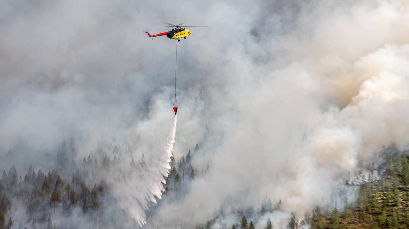 Ein Löschflugzeug bekämpft Waldbrände in Sibirien: Der Nordosten Russlands wird wegen ungewöhnlicher Hitzewellen das zweite Jahr in Folge von verheerenden Waldbränden heimgesucht. Nach Schätzungen der Umweltorganisation Greenpeace stand allein Anfang Juli eine Fläche so groß wie Nordrhein-Westfalen in Flammen.
