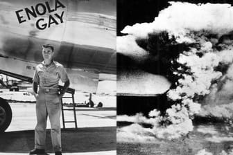 Paul Tibbets vor der "Enola Gay": Am 6. August 1945 warfen der US-Offizier und seine Mannschaft eine Atombombe auf Hiroshima ab.