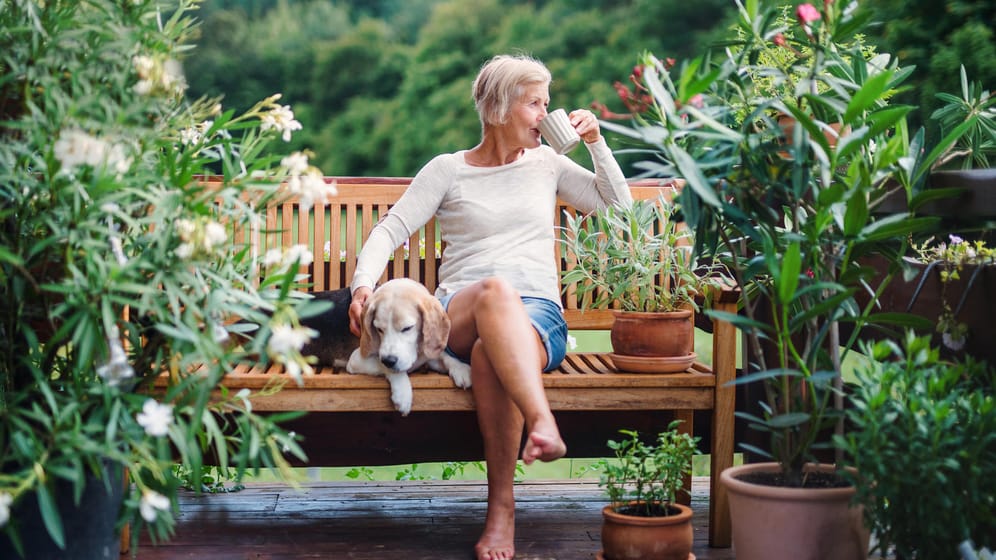 Eine ältere Frau sitzt mit ihrem Hund und einer Tasse Kaffee auf einer Bank im Garten: Um einen entspannten Ruhestand zu haben, sollten Sie sich Ihre Rentenlücke ausrechnen – und entsprechend Geld sparen.