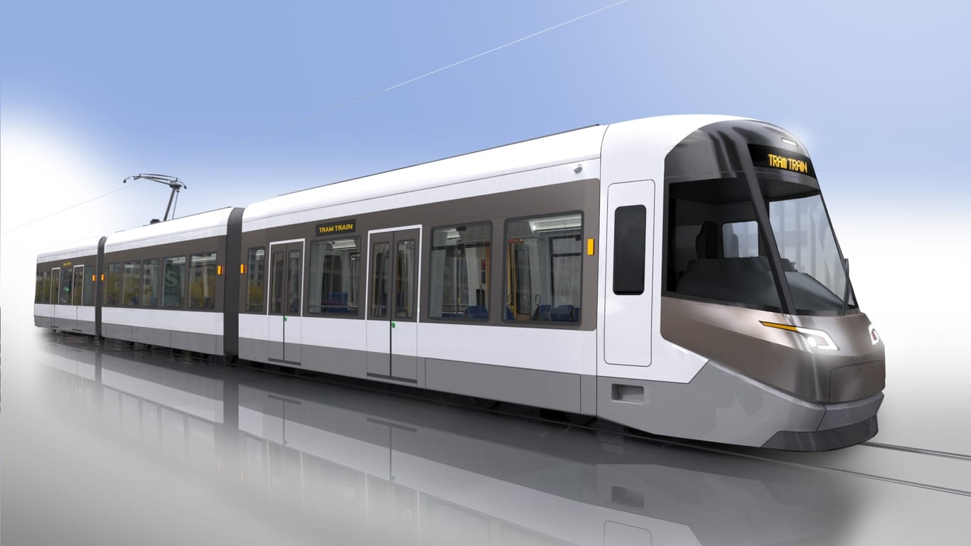 "Tram-Train": Eine Computeranimation zeigt den Zug einer neuartigen Straßenbahn