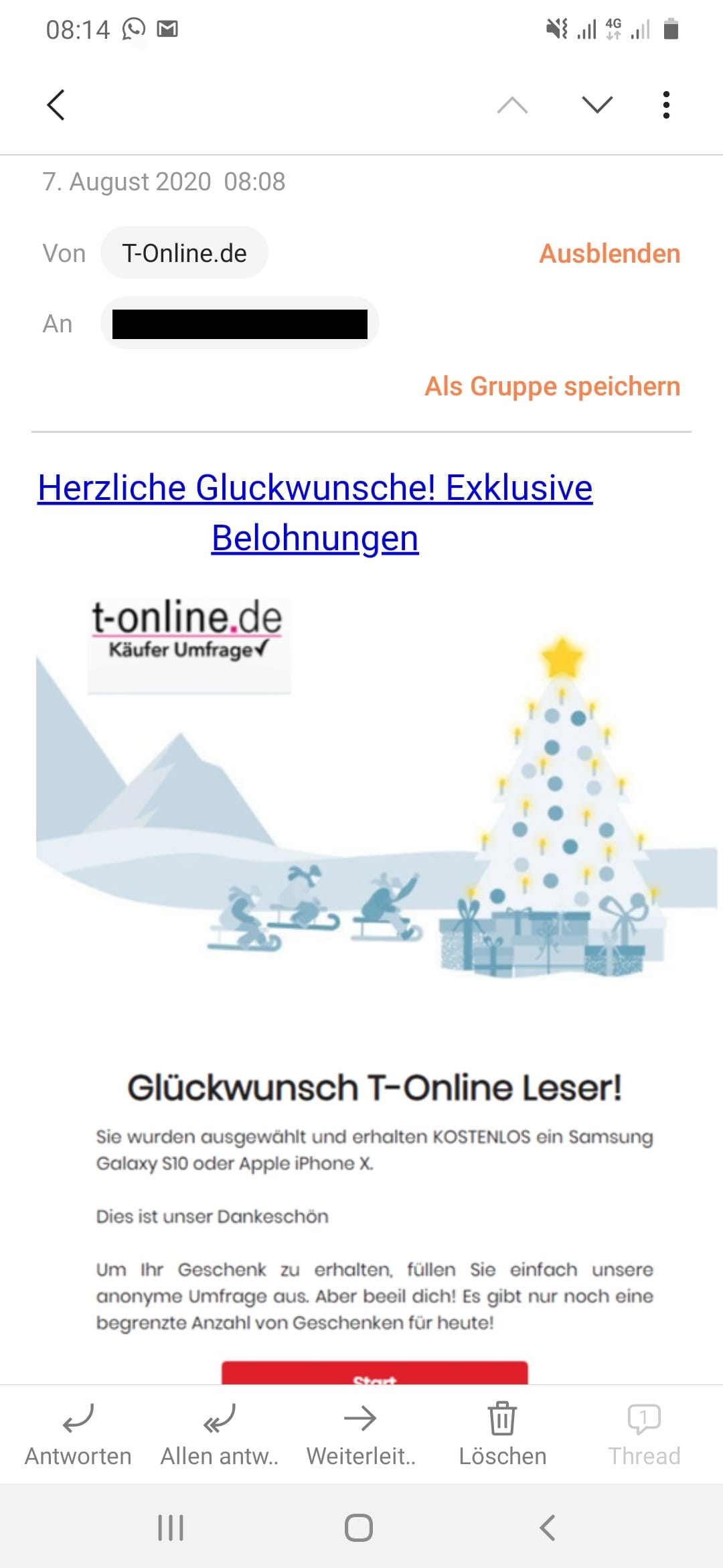 Phishing-Mail im Namen von t-online.de: Das Gewinnspiel ist nur ein Vorwand.
