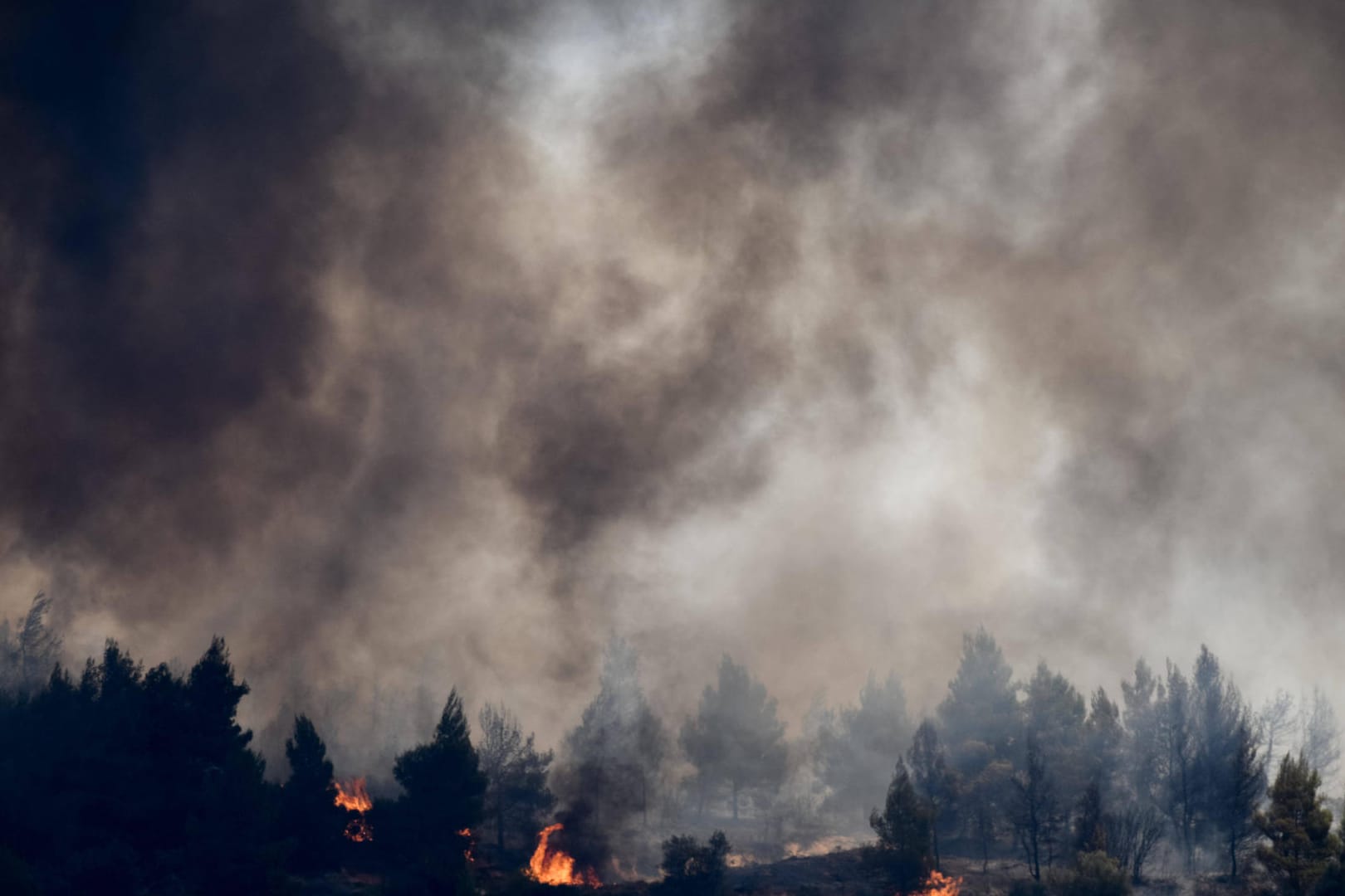 Rauch über einem Waldbrand (Symbolbild): Bei Frankfurt hat ein Wald gebrannt, es kam zu einer Explosion.