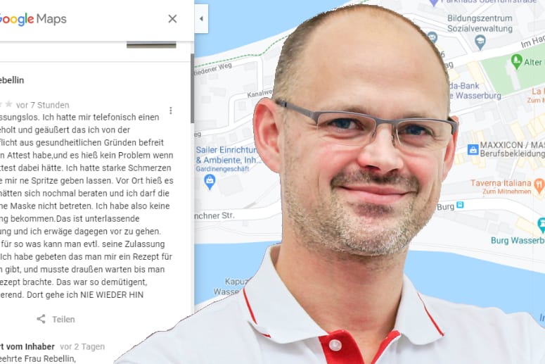 Dr. Johann Näbauer neben der Negativ-Bewertung der Corona-Leugnerin.