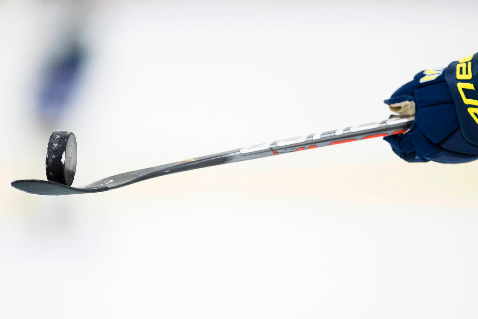 Ein Eishockey-Spieler balanciert einen Puck auf dem Schläger (Symbolbild): In Dortmund startet bald die Saison der Eisadler.