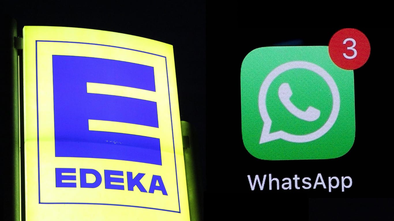 Edeka-Schild neben WhatsApp-Icon: Betrüger versprechen einen Supermarkt-Gutschein.