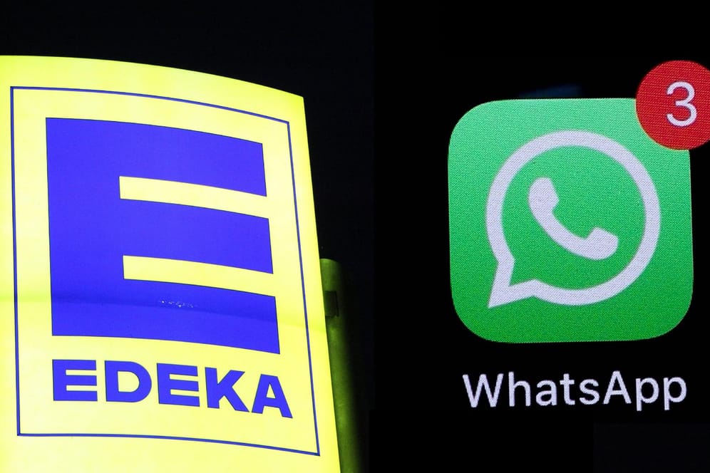 Edeka-Schild neben WhatsApp-Icon: Betrüger versprechen einen Supermarkt-Gutschein.