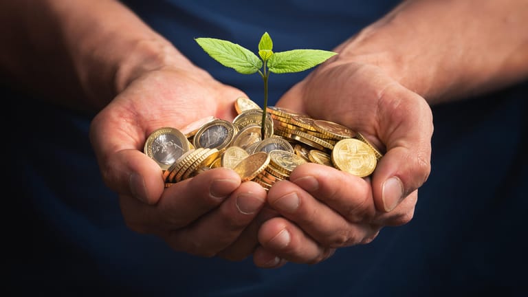 Eine Pflanze wächst aus Euro-Münzen, die ein Mann in Händen hält (Symbolbild): Auch die Art, wie Sie Ihr Geld anlegen, hat Folgen für das Klima.